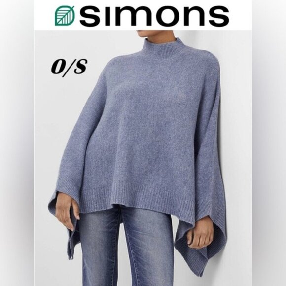 Simons - Ladies Mock-Neck Poncho Sweater - Light Blue. Size: OS. NWT. (1797) - Picture 1 of 8